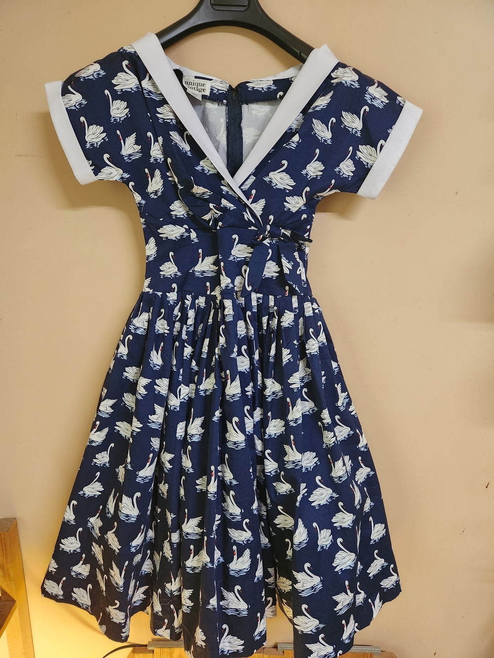 Unique Vintage Navy Swan Print Midi Dress with White Trim